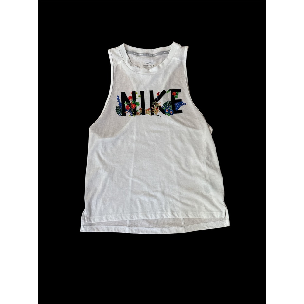 Nike Dri-FIT Tank Top Womens Small White Tropical Floral Logo